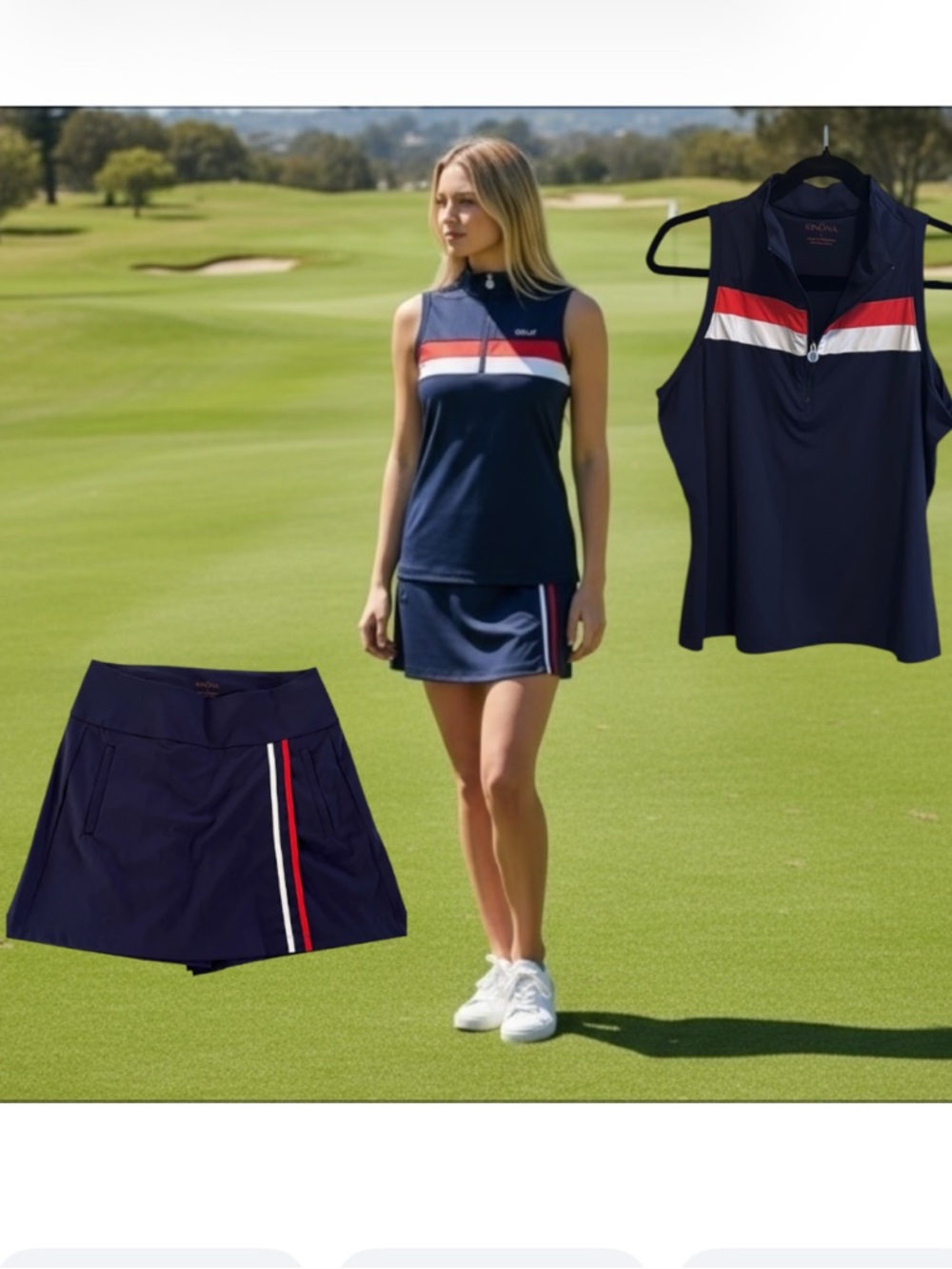 Kinona Navy Blue Golf Skort with Matching top with Red and White Stripes